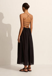 Shirred Lace Up Dress - Black - Matteau
